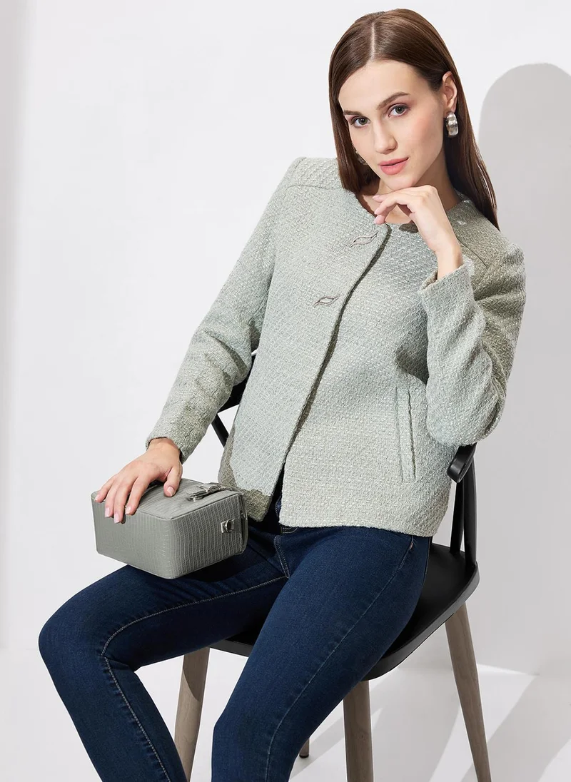 جلو باص معطف شتوي نسائي بياقة مستديرة وأكمام طويلة بتصميم ذاتي وقصة مفصلة لامعة